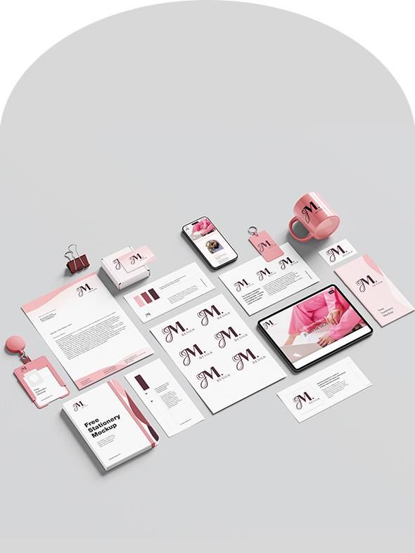 Mockup einer Markenidentität mit Logo, Visitenkarten, Verpackungen und Geschäftsausstattung in Rosa- und Weiß- tönen.